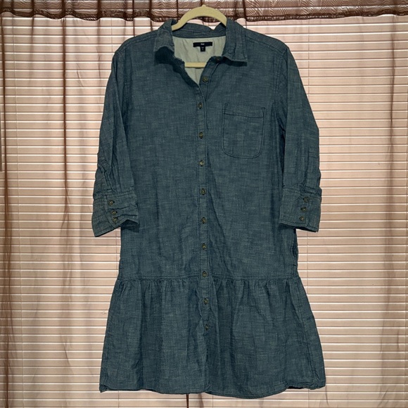 GAP Dresses & Skirts - ☀️🥖🇫🇷👩‍🎨GAP Cotton 3/4 Sleeve Blue Chambray Shirt Dress Large EUC